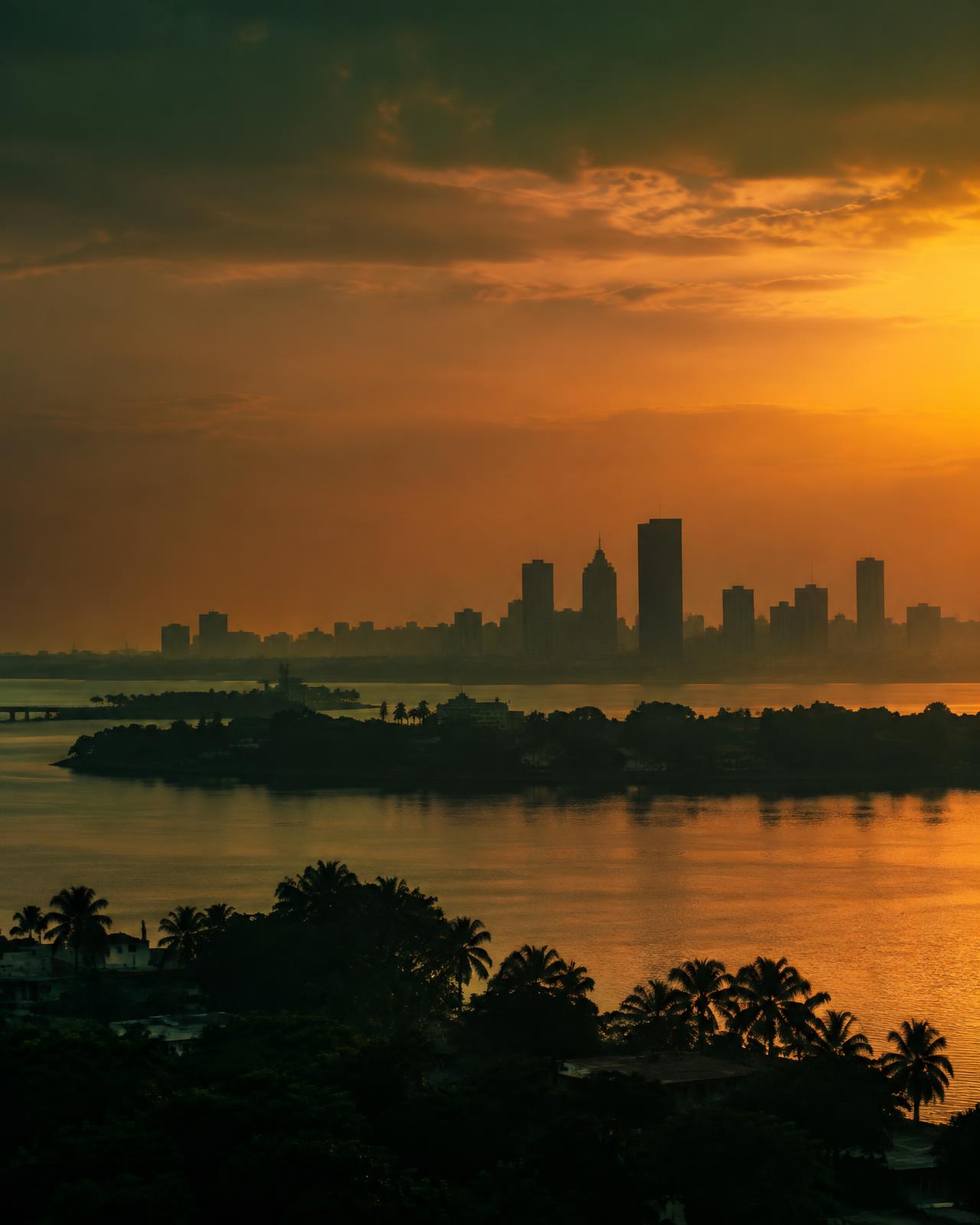 Abidjan au crépuscule, lagune et silhouettes du Plateau